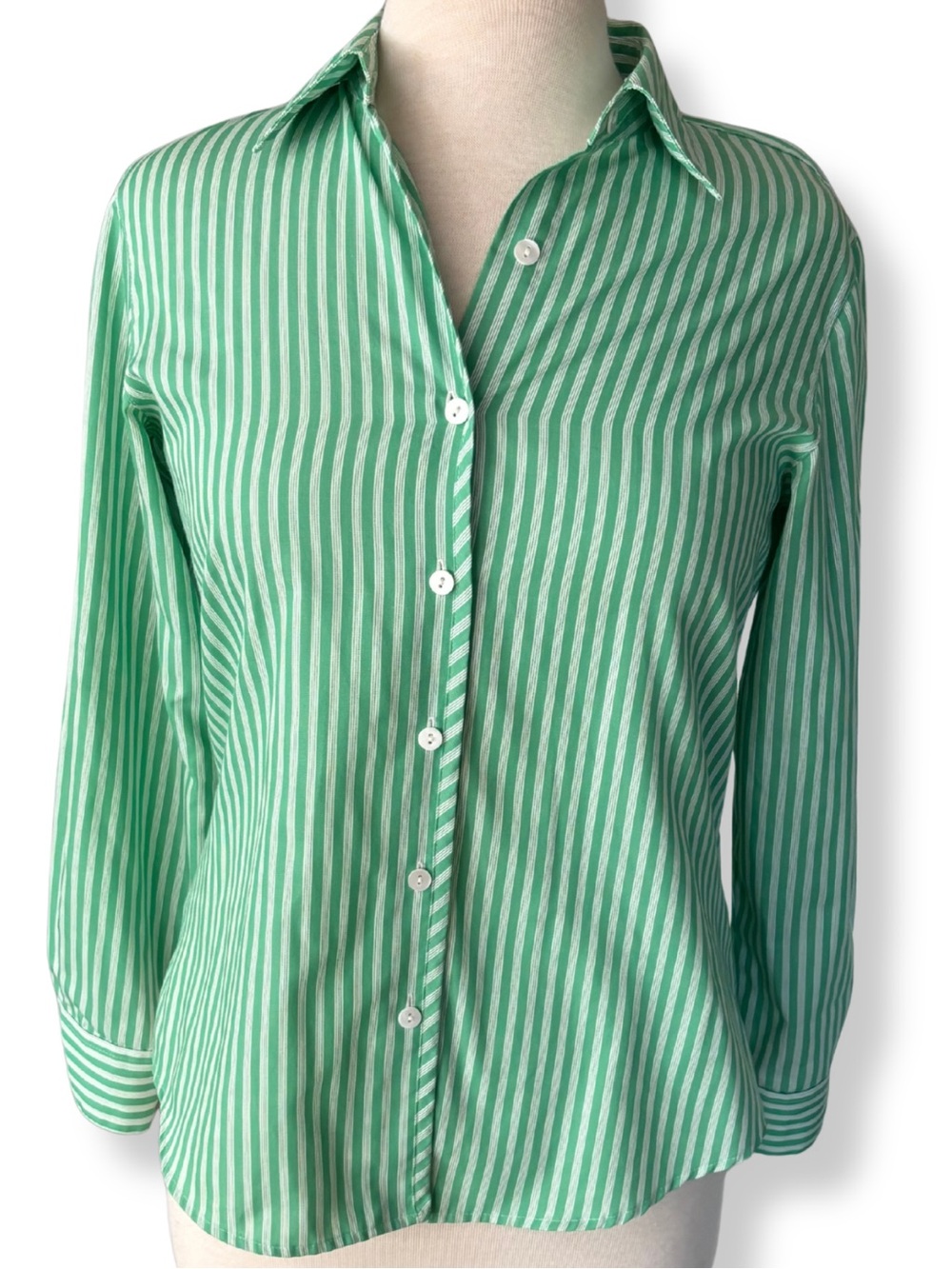 Green White Striped Wrinkle Free Button Down Shirt Petite 2P Foxcroft Career